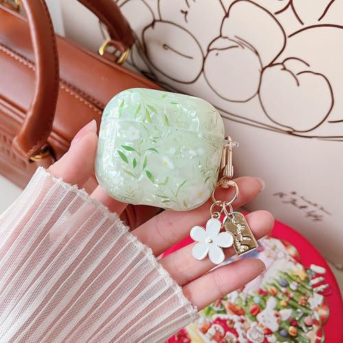 Image of MINSCOSE for Cute Glitter AirPods 4 Clear Case,Shell Pattern Pretty Flower Aesthetics Design with Girly Floral Keychain,Soft TPU Protective Cover with Cleaner Kit for Girls Women for AirPods 4-Green