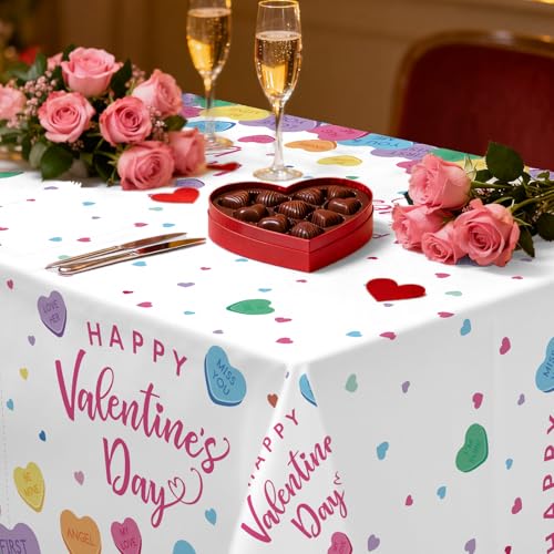 Image of Gistome 3-Piece 54 x 108 Inch Valentine's Day Plastic Tablecloth - Colorful Candy Heart Disposable Table Covers for Valentine's Parties, Weddings, Classrooms, and Romantic Celebrations