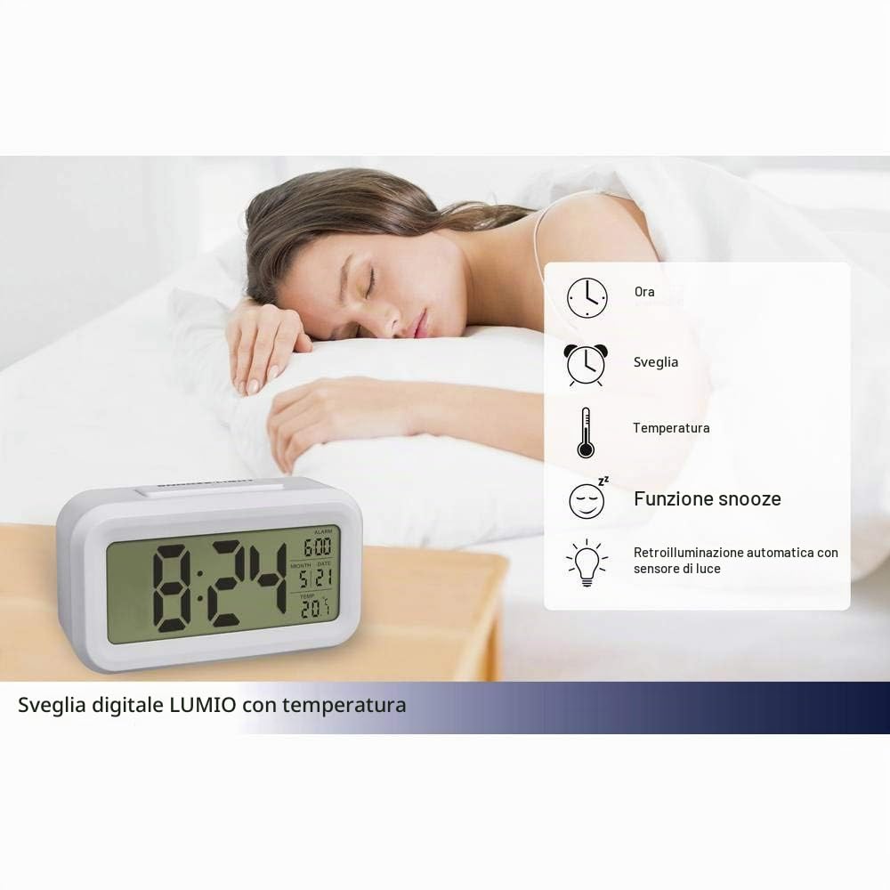 TFA Dostmann LUMIO sveglia digitale, 60.2018.02, con temperatura interna, visualizzazione di ora e data, luce notturna automatica, display LCD, bianco