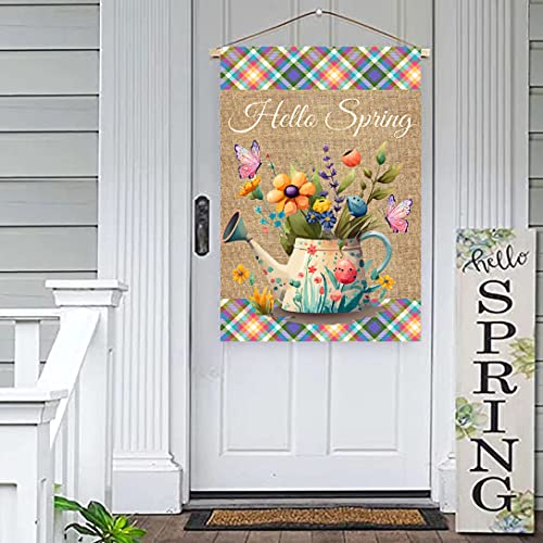 Surfapans Hello Spring Floral House Flag 28X40 Inch Double Sided Outside Burlap Butterfly Watering Can Large Yard Outdoor Flags Seasonal Holiday Decoration #TOP2