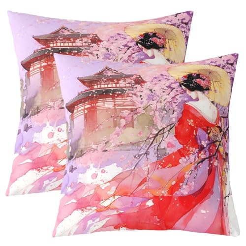Homemissing Juego de 2 fundas de almohada de geisha japonesa, 40 x 40 cm, diseño de flores de cerezo, estilo japonés, para exteriores