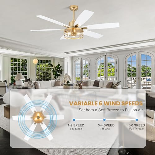 Image of Dawn Whisper 60 Inch Ceiling Fans with Lights White and Gold Farmhouse Ceiling Fan for Bedroom Living Room Quiet and Reversible DC Motor Caged Chandelier Fan
