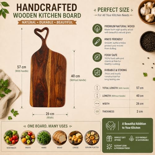 Image of Handcrafted Wooden Chopping Board for Kitchen | Cutting Board & Serving Platter | Food Safe Wooden Board for Vegetables, Fruits, Cheese & Bread | Multiple Designs (Heart Handle, Sheesham Wood)