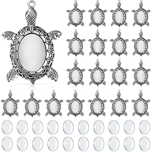 40 Pieces Antique Silver Turtle Pendant Settings Include 20 Blank Turtle Pendant Tray with 0.71 x 0.98 Inch Oval Cabochons Base 20 Clear Cabochon Cameo Bezel Cabochon Settings for DIY Jewelry Making