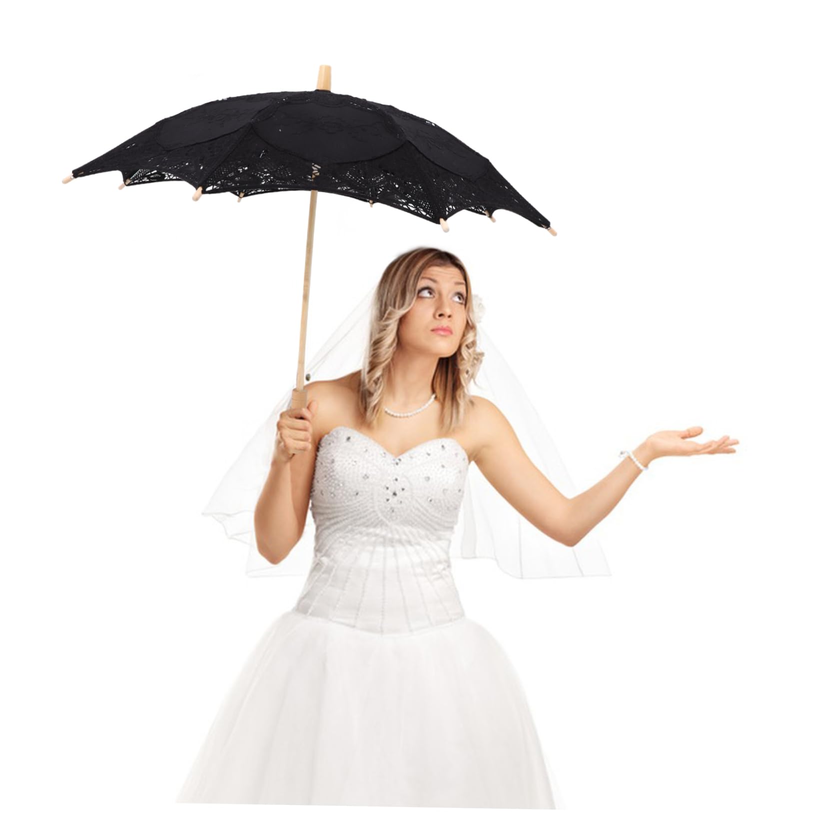 Yardwe Hochzeitsschirm Brautschirm mit Spitze und Lace für Fotografie | Schwarz, Zarte Elegante Optik, für Kinder Tanz und Teeparty, Dekorative Requisite