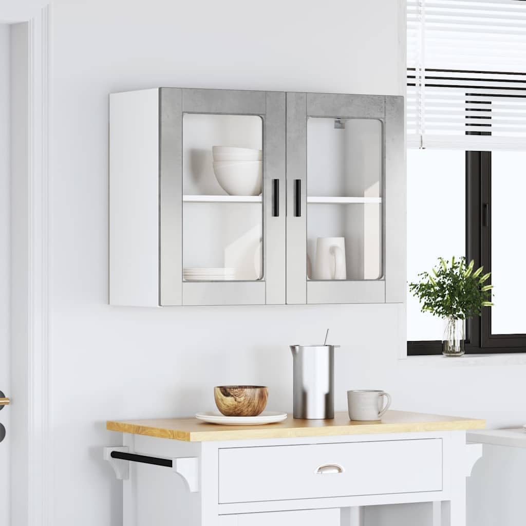Armario colgante de cocina con puerta de cristal, color gris hormigón de 80 x 31 x 60 cm, espacio de almacenamiento para cocina y comedor, armario multiusos con estante, almacenamiento y