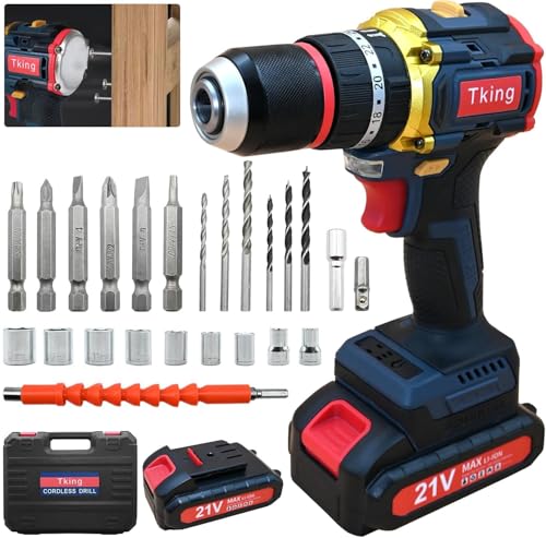 Tking Cordless Drill Driver Impact Tool Set 2X Batteries Charger Power Drills 21V Combi Drill Handheld Electric Screwdriver Kit LED Dual-Speed 45Nm Torque 25pc Bits Case (Cordless Drill/Blue)