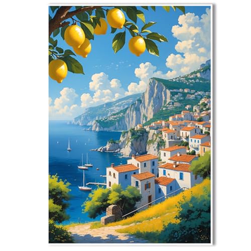Amalfi Coast View Wall Art Coastal Lemon Tree Canvas Prints Blue Seascape Posters Vibrant Mediterranean Landscape Pictures for Bedroom Living Room Office Decor