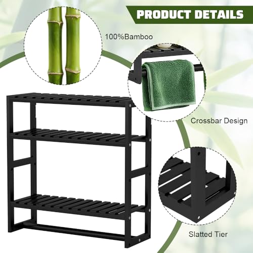 Zuxbolf Badezimmer Regal 3 Ebenen Standregal Badezimmer Organizer Badezimmerregal Wandregal Bambus Badregal 43 * 42 * 15cm Holzregal platzsparend Hängeregal Schwarz Badezimmermöbel für Bad, Küche