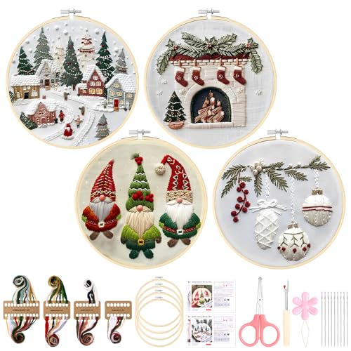 Christmas Embroidery Kit for Adults & Beginners - Gnomes & Cross Stitch Patterns Cotton Threads Needles & Instructions (4 Pcs)