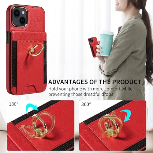 S. Tedazo compatible with iPhone 14 Wallet Case with Credit Card Holder and 360° Rotation Ring Stand, RFID Block Flip Leather Shockproof Cover(6.1 inch,Red)