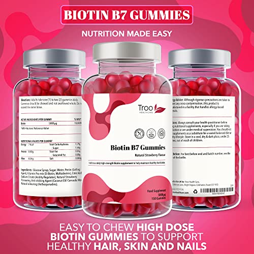 Biotin 5000mcg Hair, Skin and Nail Growth Support Gummy Supplement - 150 Natural Strawberry Flavour Chewable Gummies - 5 Months Supply – Vegan Friendly – For Men and Women - Image 3