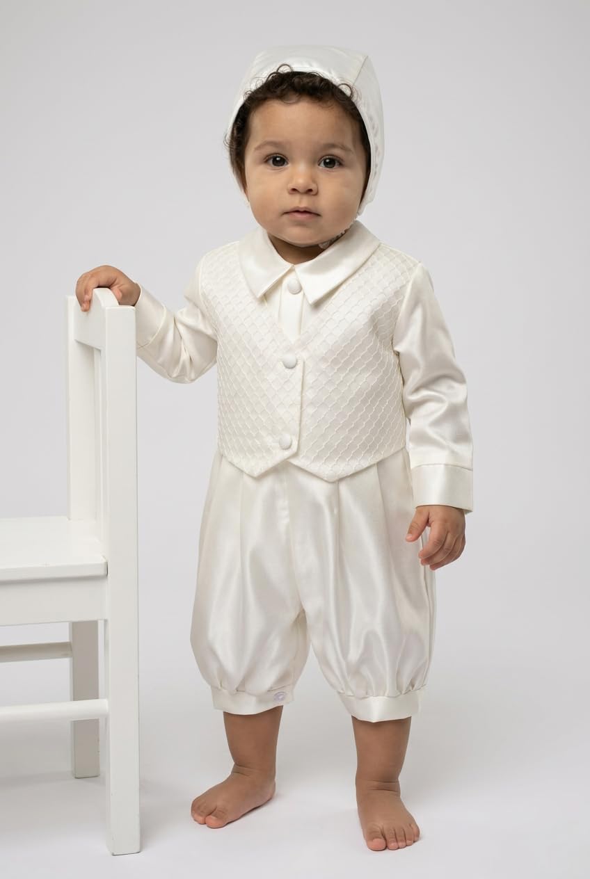 SIRRI Completo da Battesimo per Neonato Color Avorio, Composto da Tutina, Cappellino e Gilet Testurizzato.