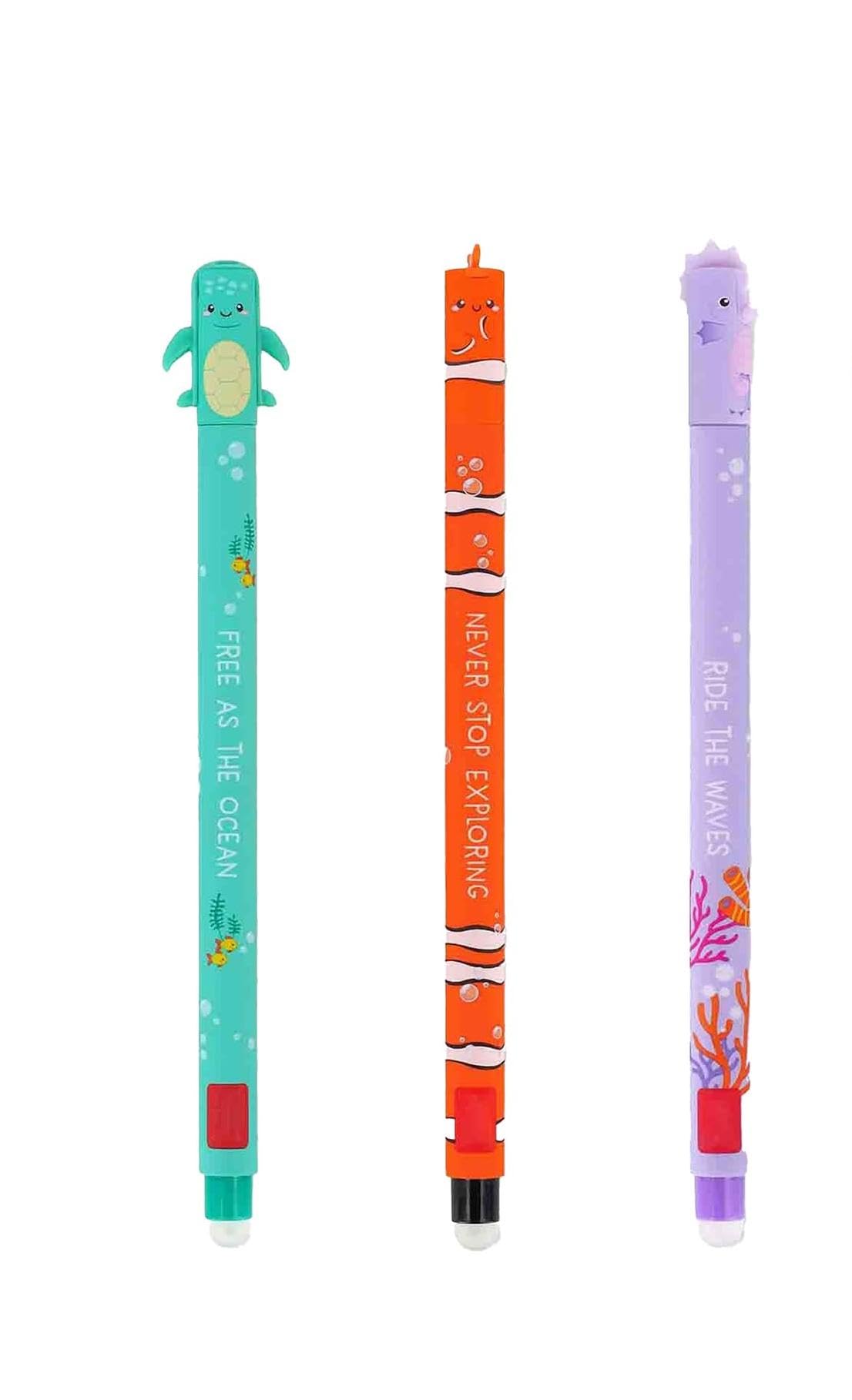 Set of 3 erasable gel pens, sea animals: turtle, seahorse, clownfish, for drawing, writing and school supplies