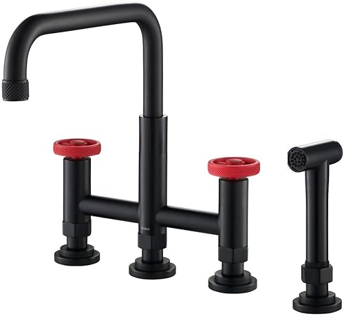 KRAUS Urbix - Grifo de cocina de puente industrial con rociador lateral en negro materojo, KPF-3125MBRD