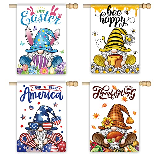 4Pcs Seasonal Gnome Large Garden Flags Happy Easter Bee Happy Independence Day Holiday Patriotic 4Th Of July Thanksgiving Day 28 X 40 Inch Burlap Double Sided Print Vertical Decorations For Home Outdoor Lawn #TOP4