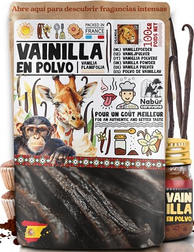 Nabür – 100 gr Polvo de Vainilla Bourbon de África, Premium, Vainilla molida sin agotada, sin azúcar, sin aditivos – Vanilia Planifolia