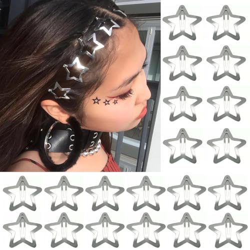 20 PCS 1.22 inches Star Hair Clips Snap Star Hair Barrettes Cute Lovely Accessories, Non Slip Clips for Girls Women 2000s Y2K Silver Metal Hair Clips