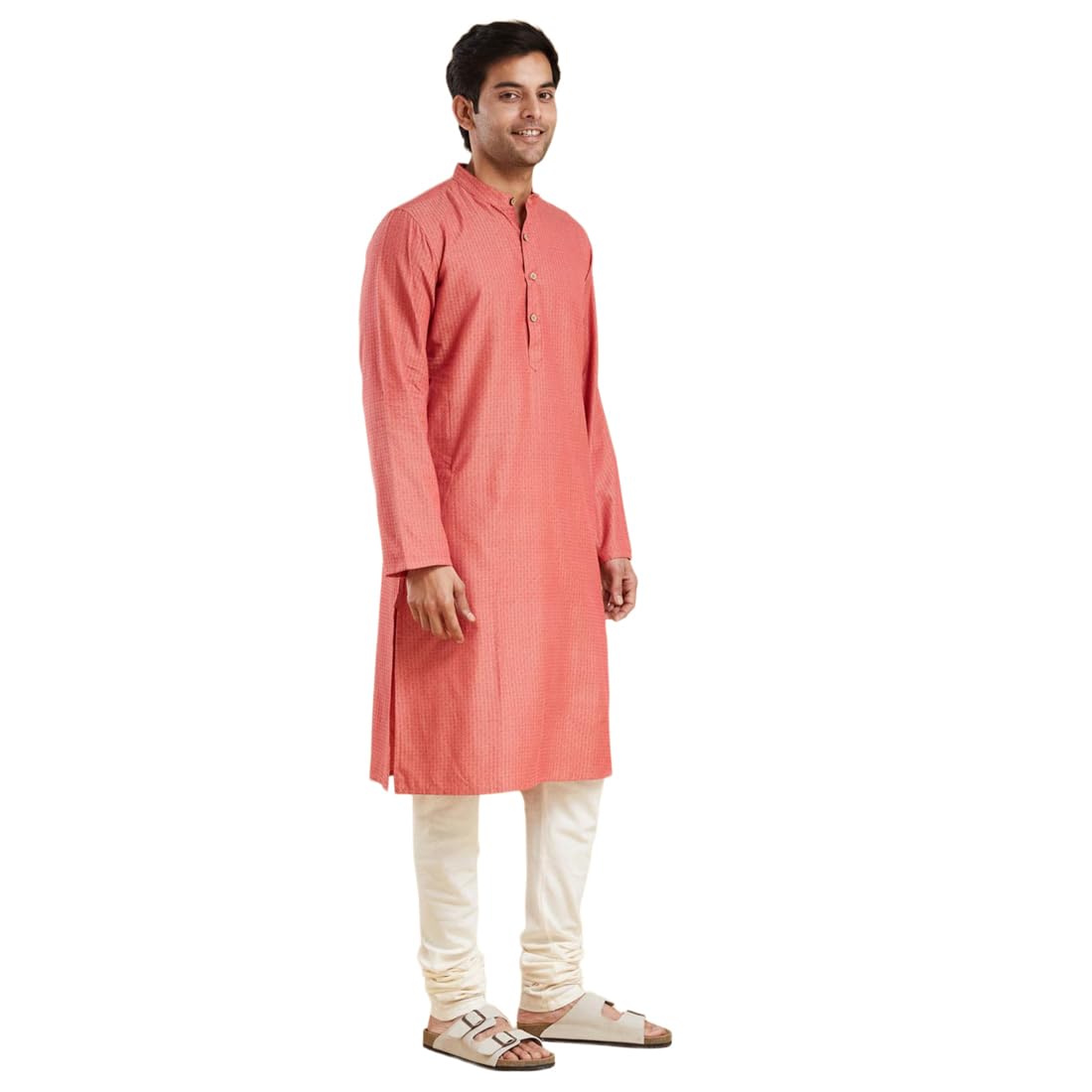 fabindia Red Cotton Dobby Slim Fit Long Kurta-picture-10