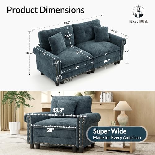 Image of HERA'S HOUSE 73.2 inch Modular Loveseat Cloud Couch Deep Seats & Rolled Arms | Mid-Century Modern 2-Seater Loveseat, Cyan, Nailhead Trim, Wider & Deeper Seats, Soft Chenille Sofa for Living Room Bedroom