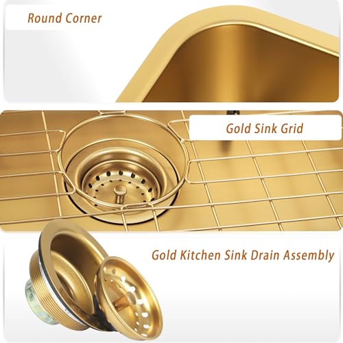 Image of Gold Kitchen Sink 30 Inch, SUS304 Stainless Steel Undemount Kitchen Sinks, 30 inch x 18 inch x 9 inch Large and Deep Single Bowl Kitchen Sinks With Grid and Sink Drain Assembly