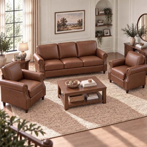 Image of Faux Leather 3 Seater Couch and 2 Chair with Rolled Arms,Rust
