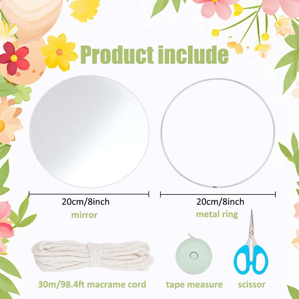 WEBEEDY DIY Bunny Ears Macrame Mirror Kit DIY Macrame Hanging Wall Ornament with Video Tutorials,Cute Rabbit Decorative Mirror Set with Cotton Cord for Room Easter Wall Art Decor(Beige)