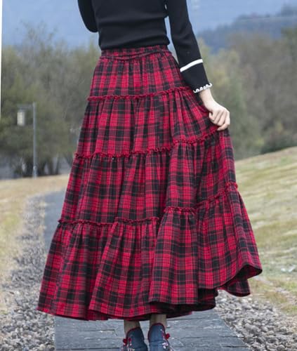 Femiserah Women's Fall Winter Plaid Ruffle Tiered Long Skirt High Elastic Waist Maxi Thicken Tartan Skirt4