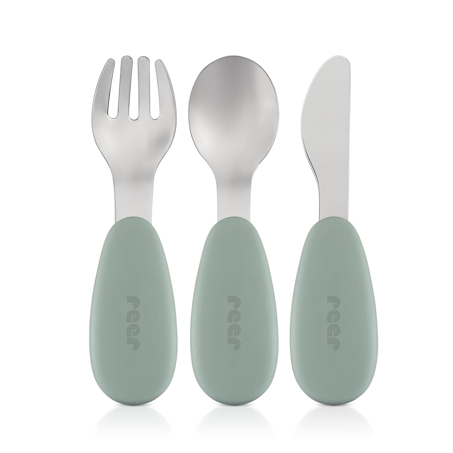 reer Cubertería de silicona de acero inoxidable, 3 piezas, para bebés y niños, diseño ergonómico y adecuado para niños, silicona de grado alimenticio, puntas de acero inoxidable, apto para