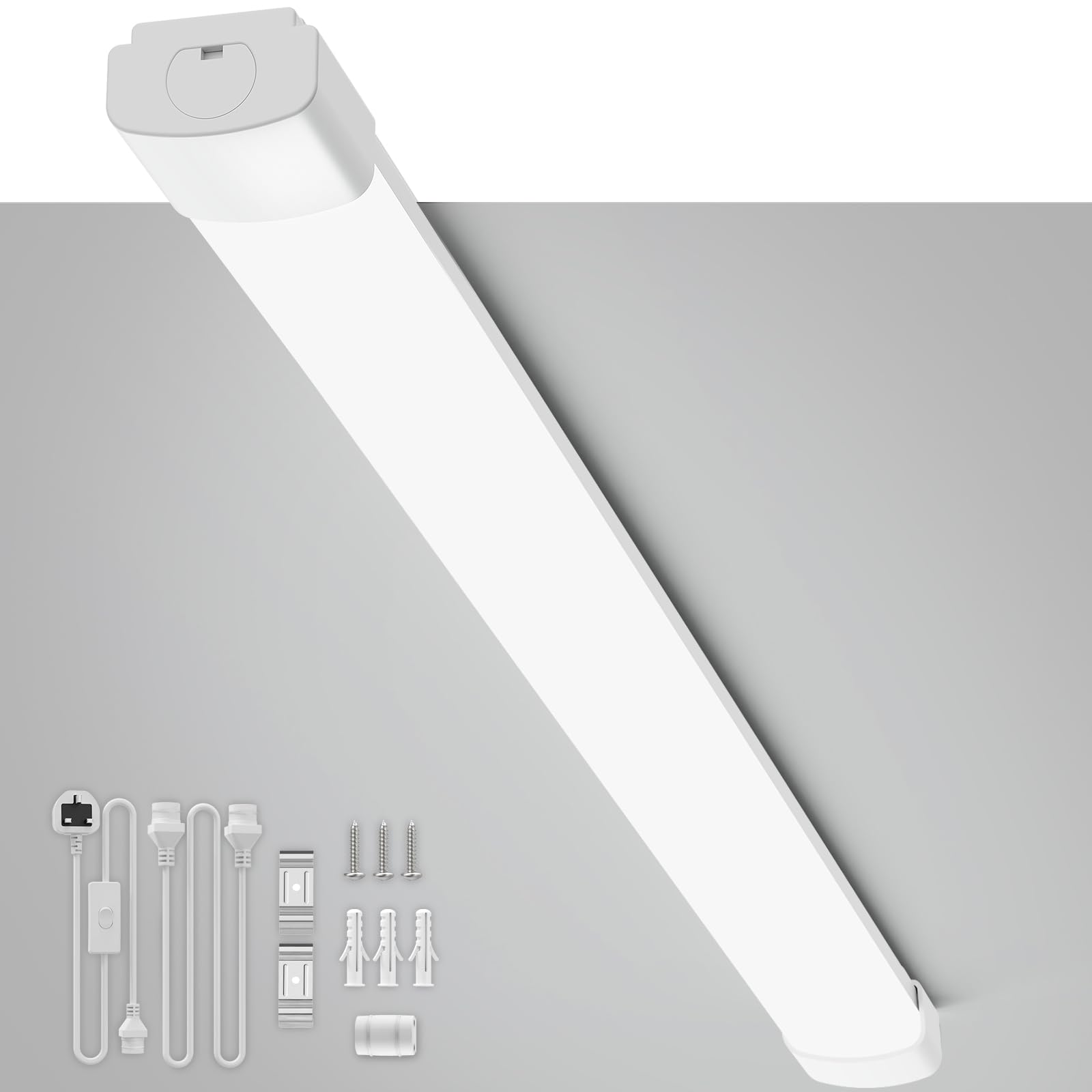 Amdelne 2PCS 6000k Led Batten Light, 150CM Plug in Wall Led Batten Light Daylight, IP66 Plug in Ceiling Light Strip for Garage, Office, Bedroom, White