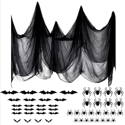 Tela decorativa de terror, 215 x 800 cm, Halloween, color negro, con 24 pegatinas de murciélagos y arañas, tela de gasa de algodón para casas embrujadas, fiestas, puertas, cortinas, decoración al aire