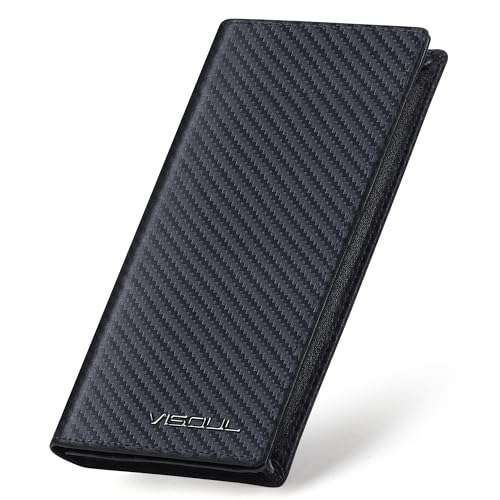 Image of VISOUL Leather Checkbook Cover Wallet for Men with RFID Blocking, Mens Long Bifold Cash Tall Wallet with 11 Credit Card Slots 1 ID Window (Black+Black)