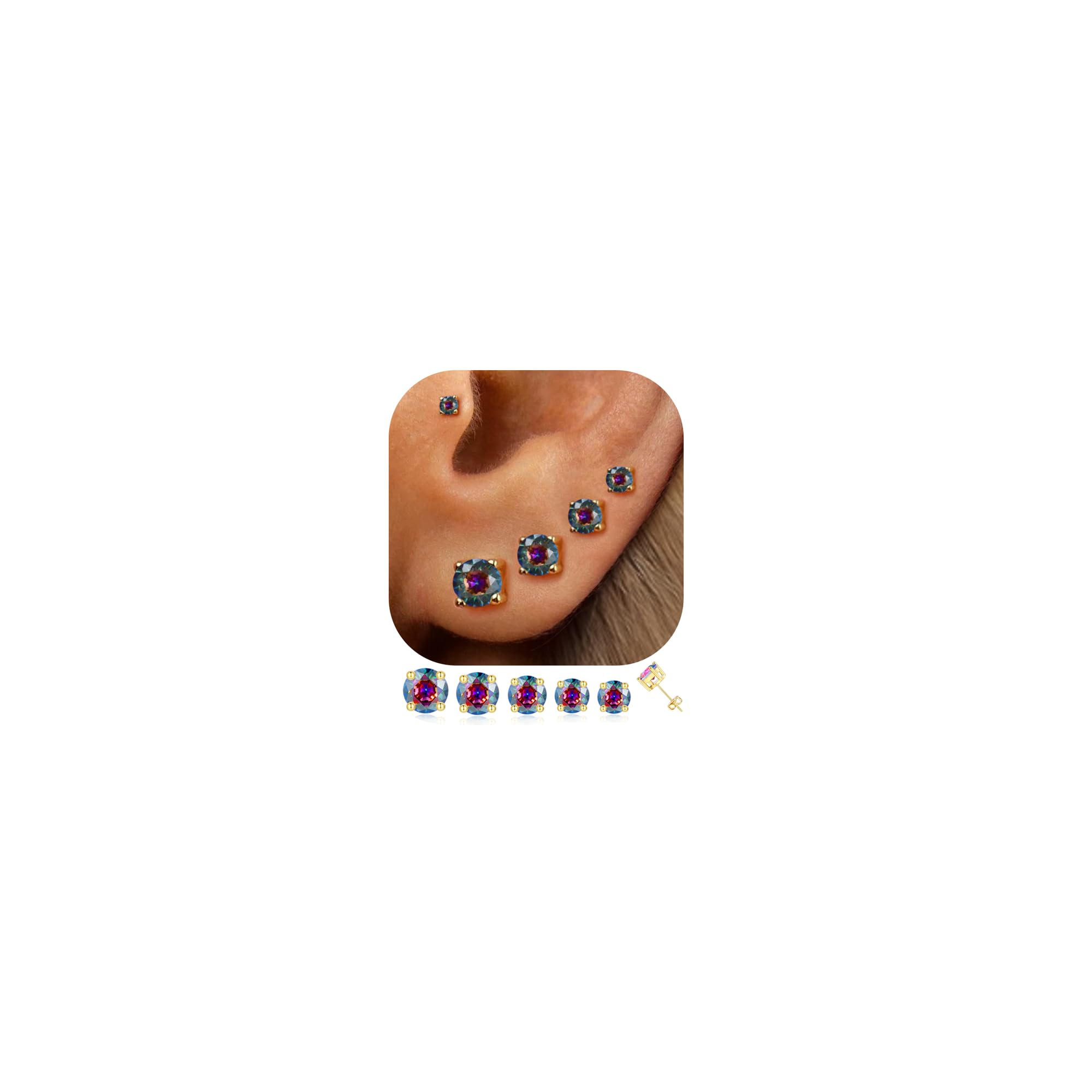 5 Pairs 14K Gold Plated Stud Earrings for Women, CZ Multiple Piercing Set
