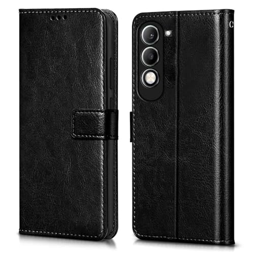 Image of Fastship Vintage Magnatic Closer Matte Leather Flip Cover for Compatible Model with Vivo V2431 / Vivo Y19e - Black