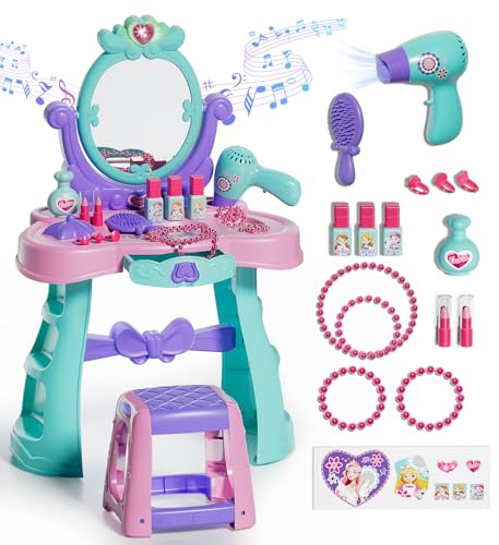 Lehoo Castle Kids Vanity Table and Chair Set with Mirror Light Music, Toddler Girls Makeup Table with Stool & Hair Dryer, Pretend Play Princess Dress Up Vanity Set, Birthday Gifts for 3 Year Old Girl