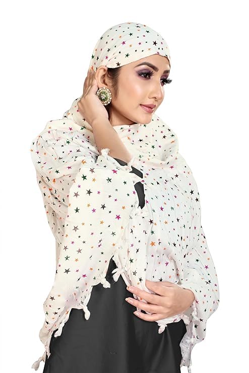 Image of Cotton Long Scarf Cum Mask Scarves Usable for Vehicle Driver | White Printed Design Fabric | Universal Size | Soft & Breathable Sun Protection | For Girl & Women