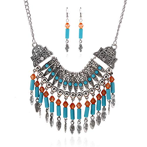 Boho Vintage Strand Necklace Ethnic Openwork Bib Statement Jewelry Drop Dangle Earrings Set