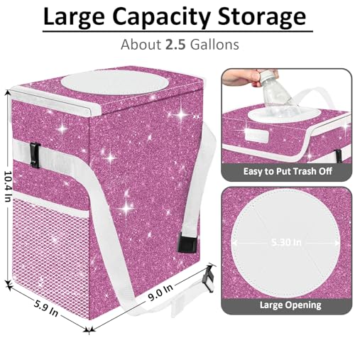 Image of Cute Mini Car Trash Bag with Lid, Glitter Garbage Can Bin Hanging for Back /Front Seat /Console, Waterproof, Leakproof, 2.5 Gallon, Purple Bling Sparkly