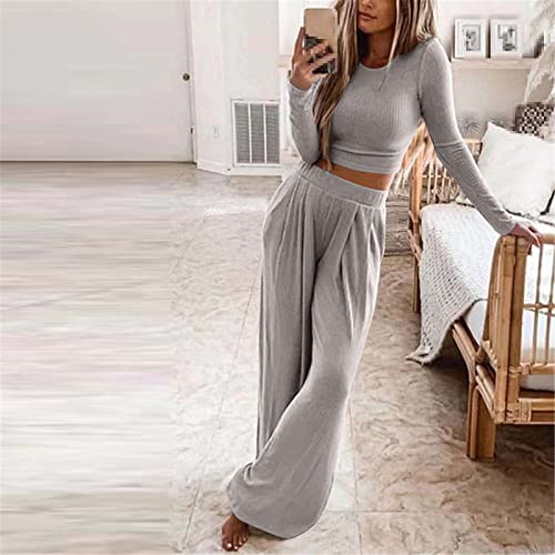 Autumn Women's Solid Knitted Casual Home Wear Slim Tops Two-Piece Wide Leg Pants Ladies Clothes Winter Fashion Suit2