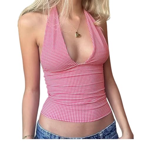 Y2k V Neck Halter Tops for Women Cute Plaid Print Open Back Tie Up Crop Tank Top Summer Fairy Vintage Sexy Camisole