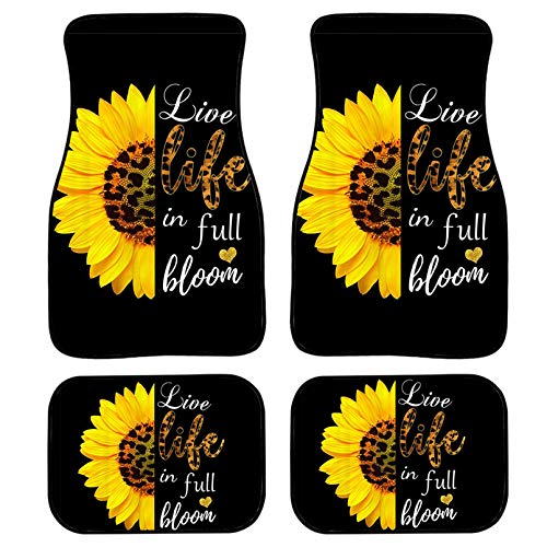 Babrukda Universal Fit 4-Piece Full Set Front/Rear Carpet Live Life in Full Love Bloom Sunflower Car Floor Mats All Weather Car Mat for Women Car Interior Protection Accessories