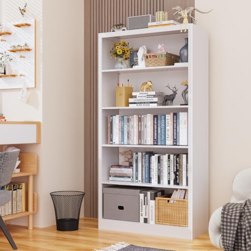 Image of White Metal Bookcase, 55 inch H Small Adjustable Bookshelf | 5 Tier Heavy Duty Book Shelf, Modern Style, for Living Room, Home Office, Study Room, Library, Easy Assembly