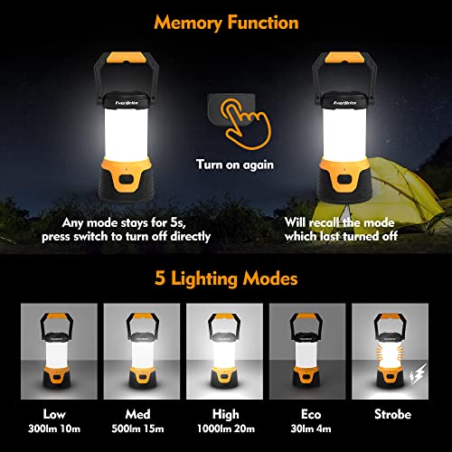 EverBrite Linterna de Camping, Farol LED Ultrabrillante Portátil, Luz de Camping Recargable, Lámpara de Camping de 1000 lúmenes y 5 modos, con Cable USB-C, Linterna Electrónica para Exteriores