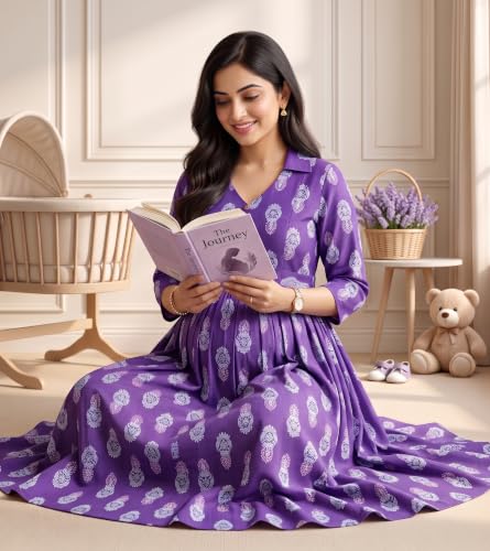 Image of DUMMY SHAPE Maternity Dresses for Women Cotton | Floral Kurta Pant Dupatta Set with Nursing Zippers, Side Pocket | Pre & Post Pregnancy | Feeding Kurti Suit | Baby Shower | Gifts for Pregnant Woman