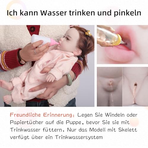 MOTLEYBEAN 18.5 Zoll Silikon Reborn Babypuppe realistische Ganzkörper Babypuppen aus weichem Silikon kein Vinyl lebensechte Puppen waschbar (Mädchen - mit Skelett - braune Haare) – Bild 3