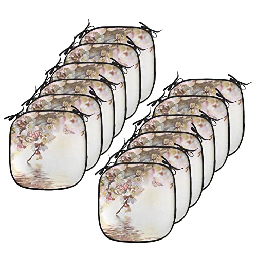 Lunarable Japanese Chair Cushion Pads Set 12, Natural Floral Japanese Style Garden with Cherry Blossom Sakura Butterfly, Anti-Slip Seat Padding for Kitchen & Patio, 16'x16', Pastel Pink Yellow