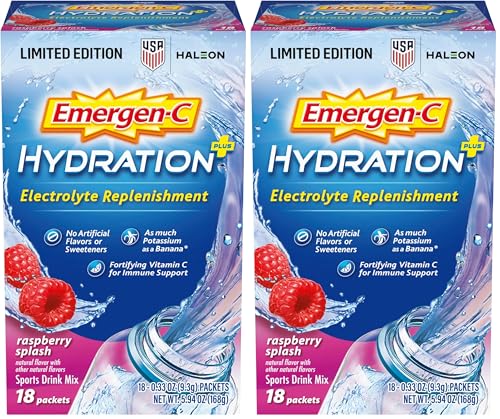 Image of Emergen-C Hydration+ Sports Electrolyte Replacement Sports Drink Mix Powder with Vitamin C, Raspberry Splash Flavor, Back to School Essentials - 18-0.33 oz On The Go Packets (Pack of 36)