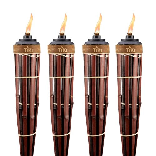 TIKI 60-Inch Bamboo Torches (4-Pack) – Natural Outdoor Torches with Easy Pour Canisters, Long-Lasting Fiberglass Wicks & Snuffers – Patio, Garden, Lawn & Backyard Decor – Walnut/Pecan Finish