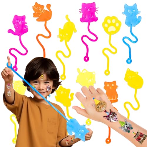 48PCS Cat Party Favors - 24PCS Temporary Tattoos & 24PCS Sticky Hands - Perfect Birthday Party Supplies, Goodie Bag Stuffers, Treasure Box Toys, Classroom Prizes, and Student Gifts