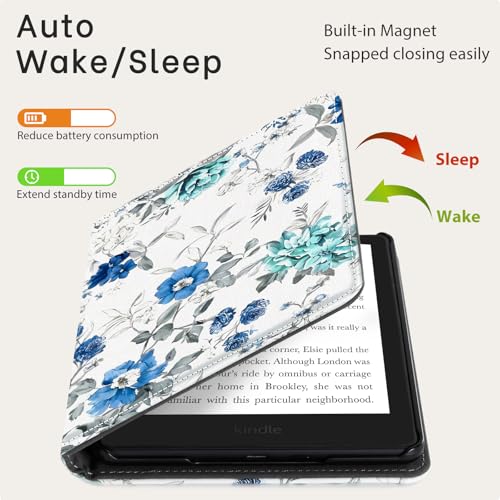 Image of CoBak Case with Stand for TCL 6.8 inch E-Book Reader -Cover with Auto Sleep Wake,Card Slot,Hand Strap Feature,Blue Blossom